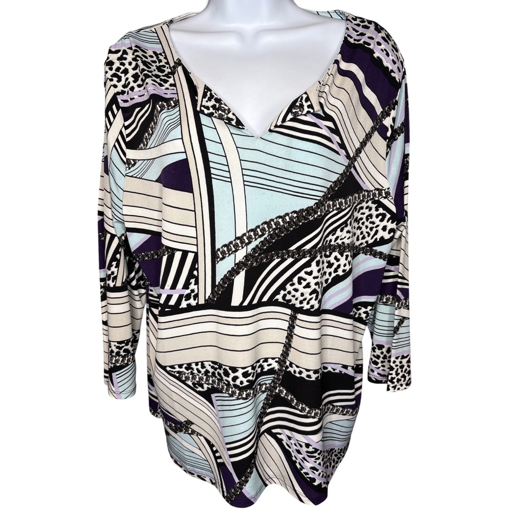 Chico's Womens Multicolor Abstract Print Tunic Top Sz 2/L Art to Wear Bold Print